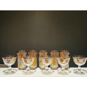 Mid-Century Libbey Gold Leaf Frosted Glasses Vintage Barware Tumblers & Goblets